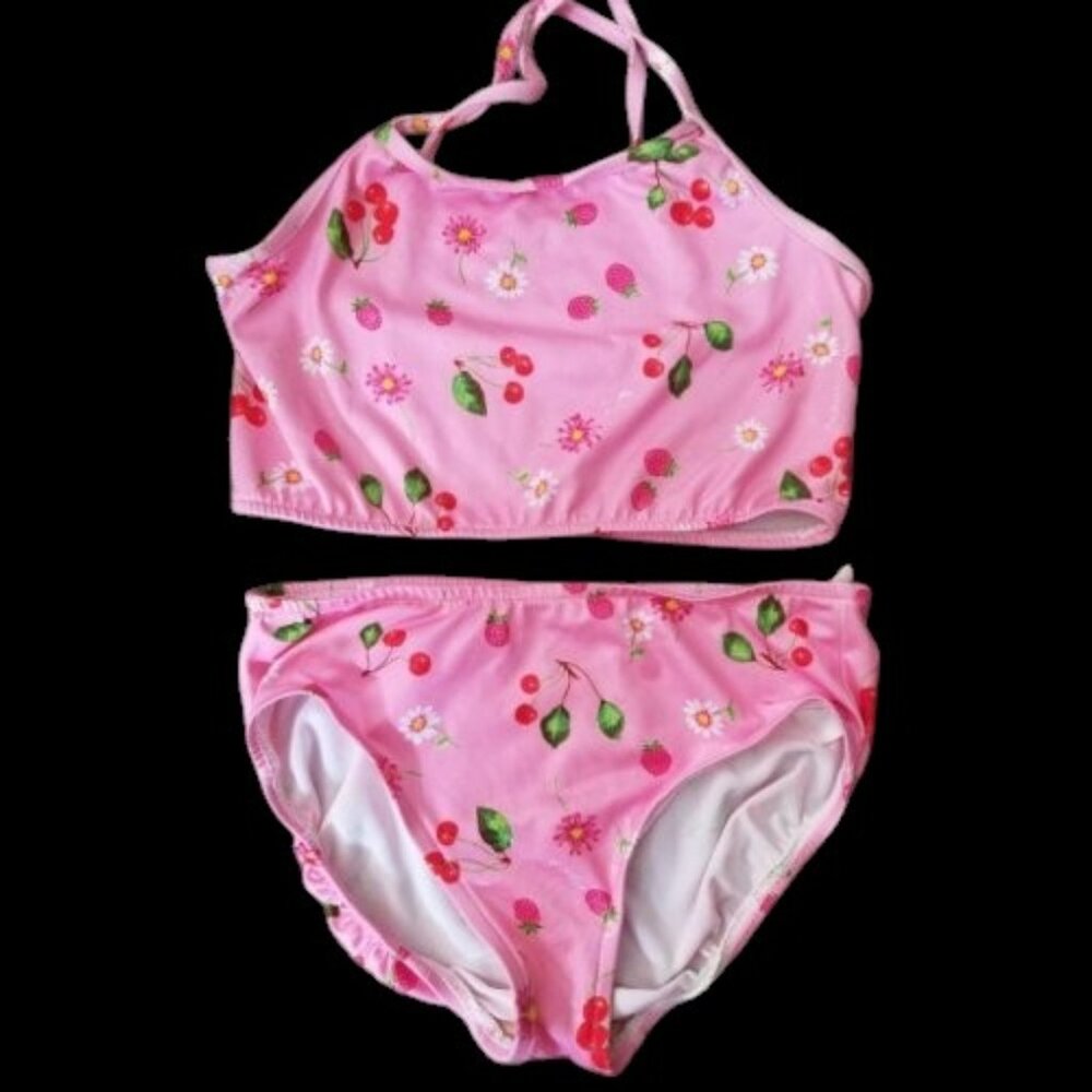 * BACKFLIPS Pink Fruit and Flower Print 2 Piece Bathing Suit Girls Size 14